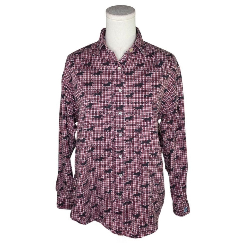 Vintage Barnfly Western Pearl Snap Shirt Horse Print Plaid Flannel Cowboy S
